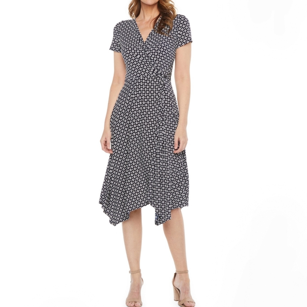 Perceptions Short Sleeve Polka Dot High-Low Fit & Flare Dress